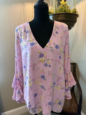 Vince Camuto Gorgeous, Pink Floral Top with Blue & Yellow Accents.